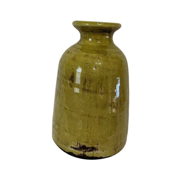 Rustic Vintage Yellow Ceramic Vase With Crackle Glaze Finish 7' green farmhouse - Picture 2 of 9
